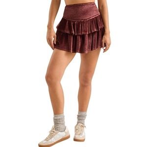 Womens Burgundy Velvet Smocked Tiered Ruffle Mini Skirt Maroon High Waist Skirt